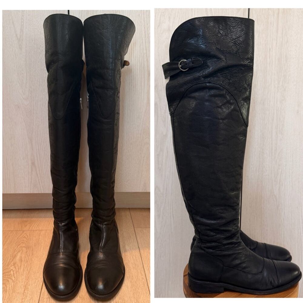 All Saints women’s Black Leather Over-the-Knee buckle zip up Riding Boots  37